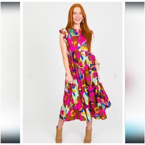 Karlie Colorful Floral Maxi Dress Sz L Ruffles Lined Pockets Button Front Tiered